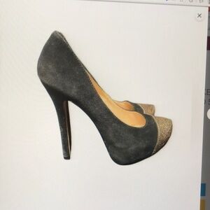 Black Suede High Heel Peep-Toe Pumps with Gold Toe Cap